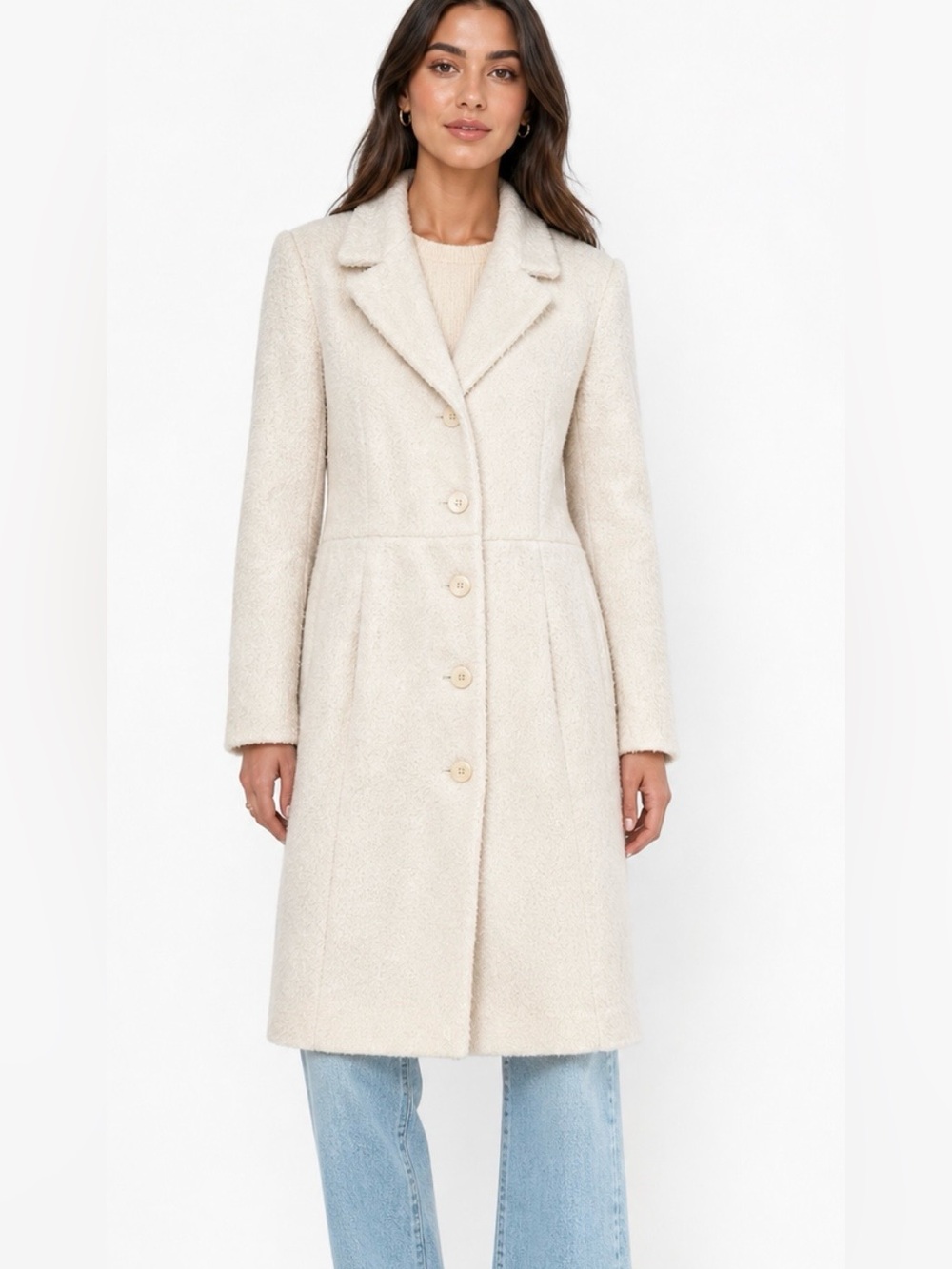 Marvin Richards Ivory Boucle Textured Coat Women’s Size 6 Classic Long Coat